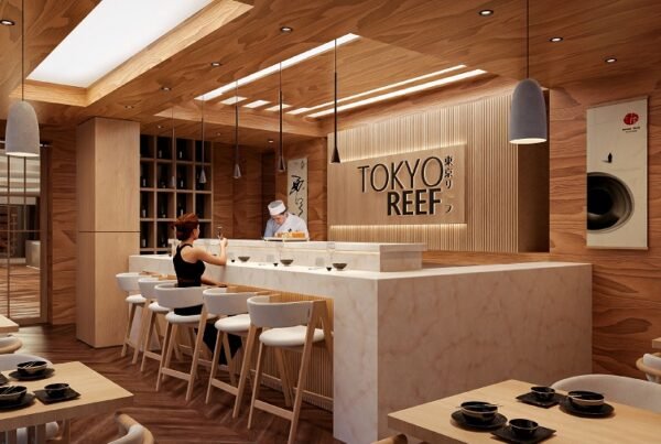 Modern Japanese dining with warm wood elements