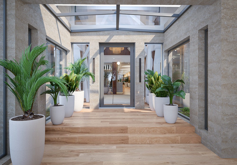 Reception_2023.07.10_Page_01 Reef Boutique Resort Entryway with soothing tones and natural elegance.