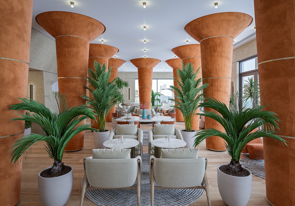 Reception_2023.07.10_Page_05 Lounge featuring vibrant orange pillars and leafy green plants.