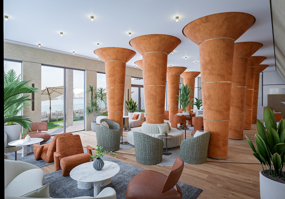 Reception_2023.07.10_Page_06 Coastal lounge featuring vibrant orange pillars and leafy green plants.