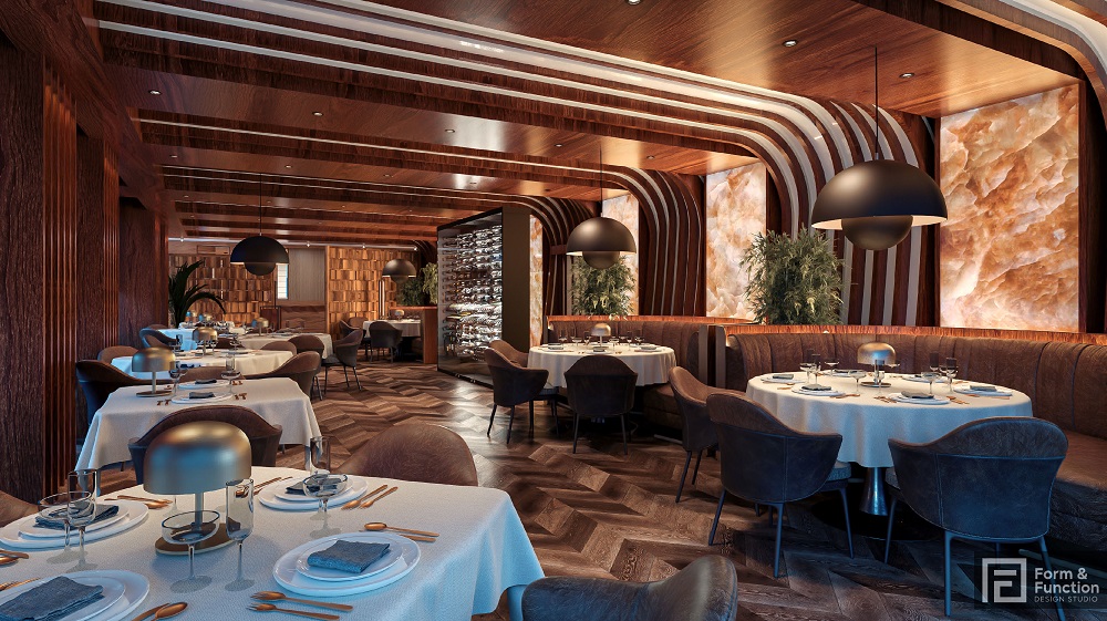 STEAK HOUSE LAYOUT_2023.08.22_REV.04_Page_3 A spacious restaurant dining area with wood elements