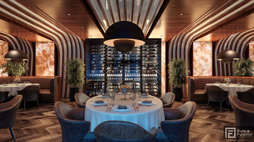 STEAK HOUSE LAYOUT_2023.08.22_REV.04_Page_4 A spacious dining room with a wine cellar in the background.