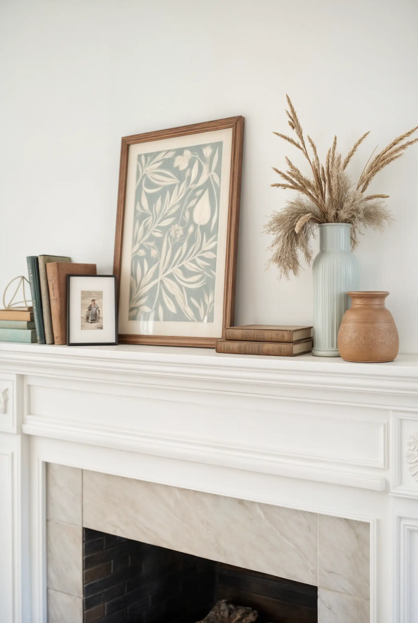 A styled white fireplace mantel with books, framed artwork, ceramic vases, and dried botanical decor.