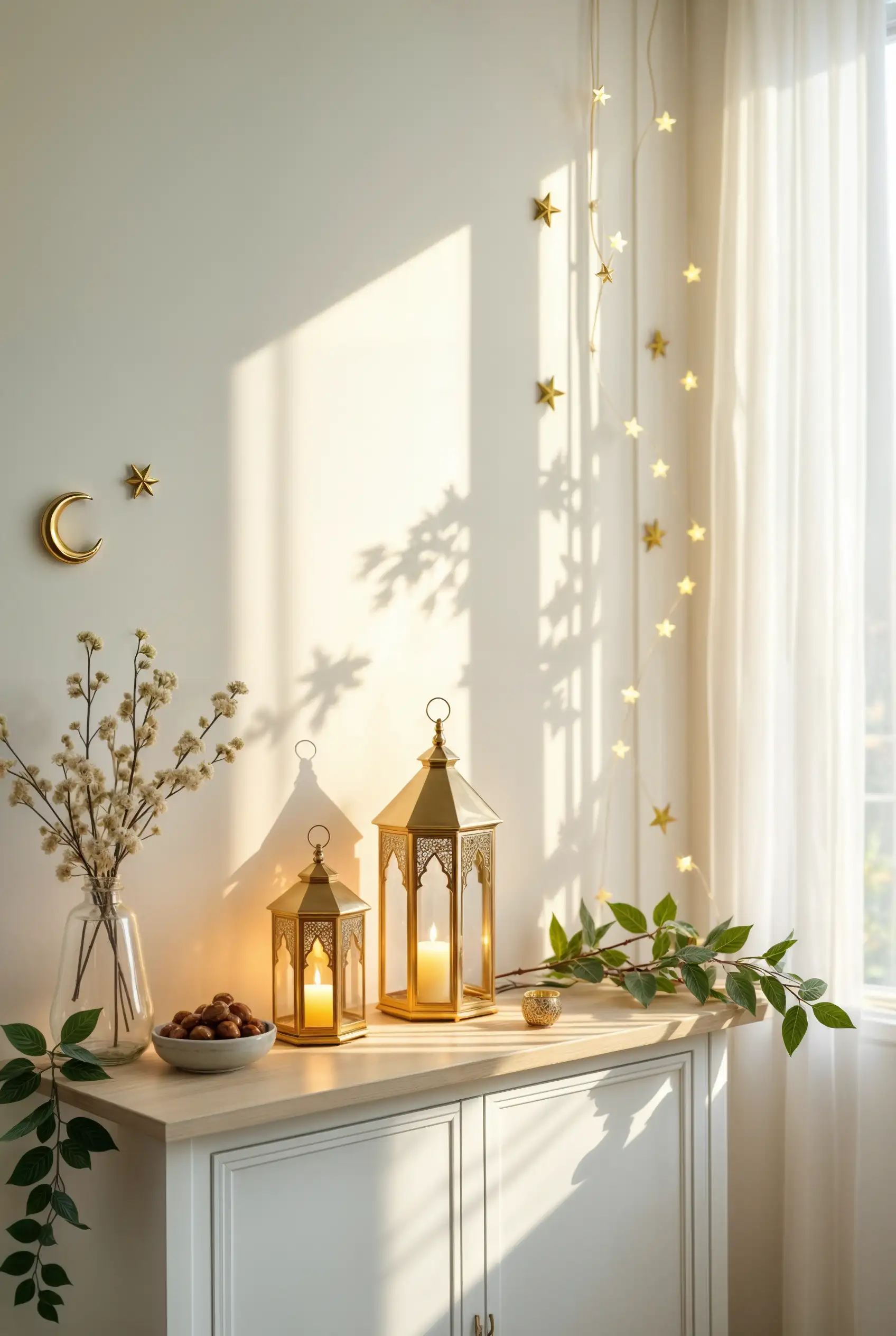 Festive golden lanterns, star-shaped lights, and natural décor on a cabinet bathed in warm sunlight.