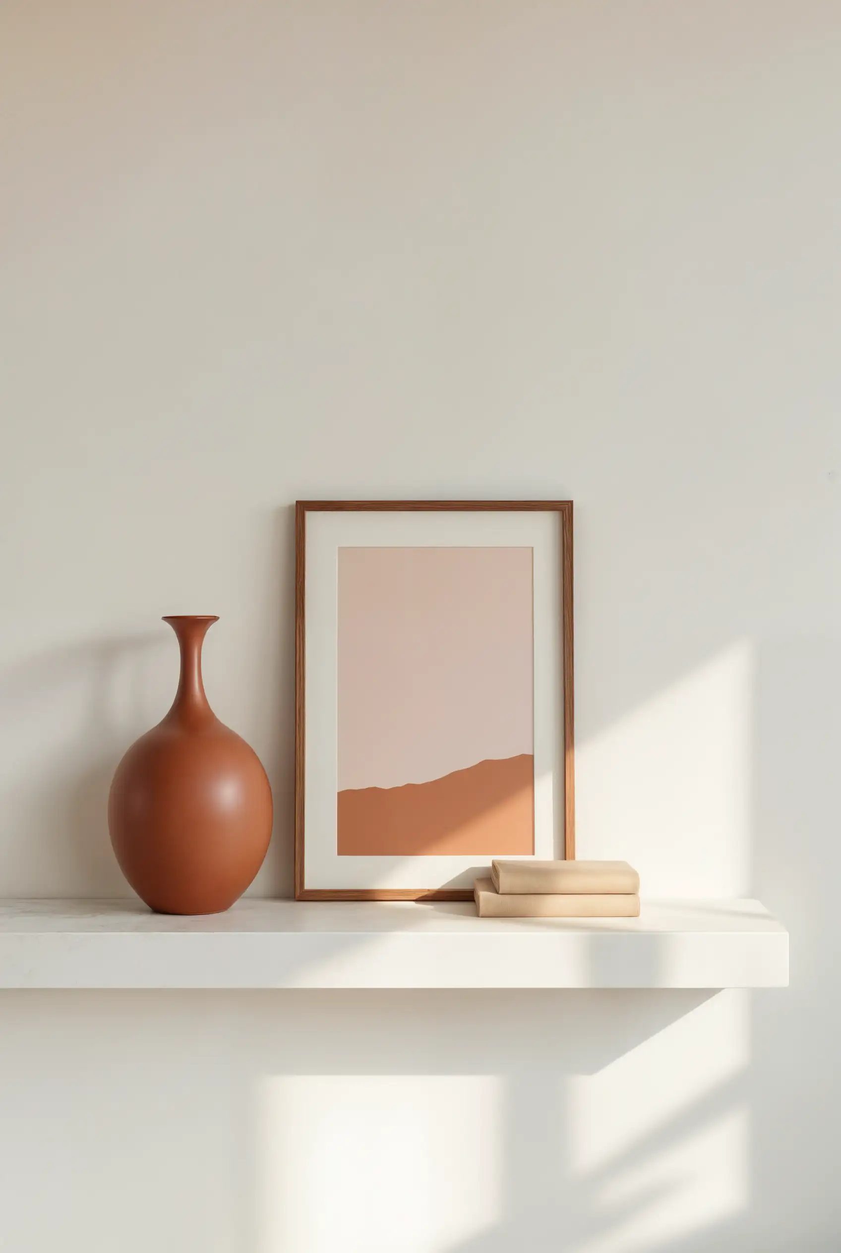 Minimalist shelf decor with a terracotta vase, framed abstract artwork, and two beige books in natural sunlight.