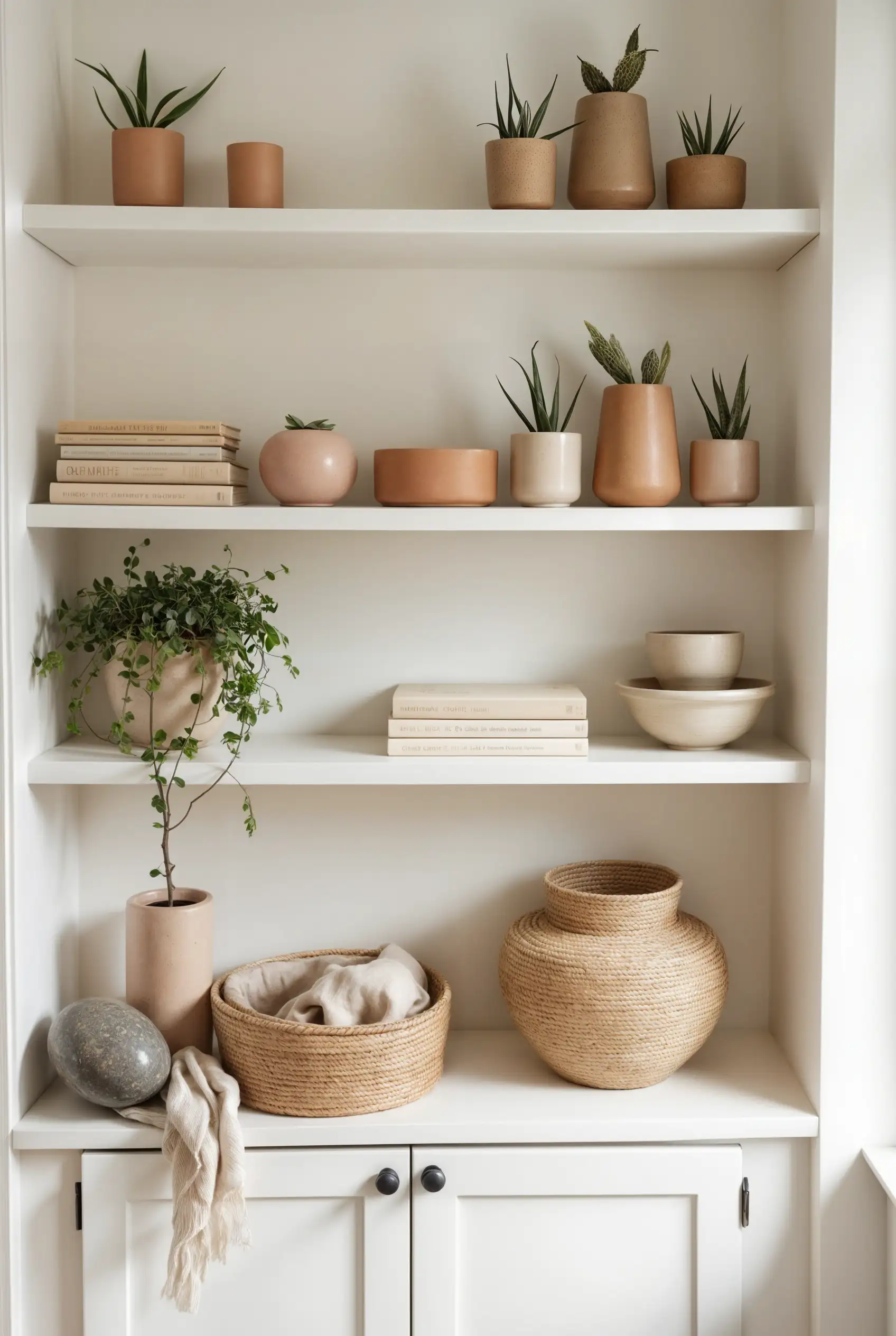 Neutral-toned shelf display with small potted plants, minimal books, ceramic bowls, and woven baskets on a white cabinet.